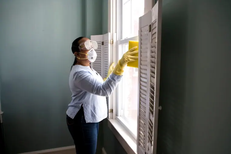 Cleaner working on interior glass